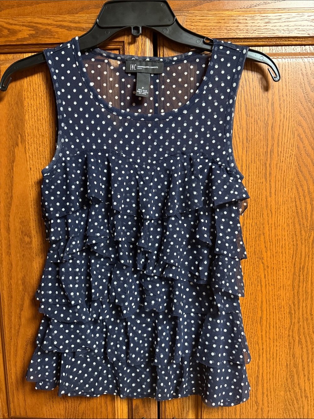 INC International Concepts Navy White Polka Dot Ruffle Tank